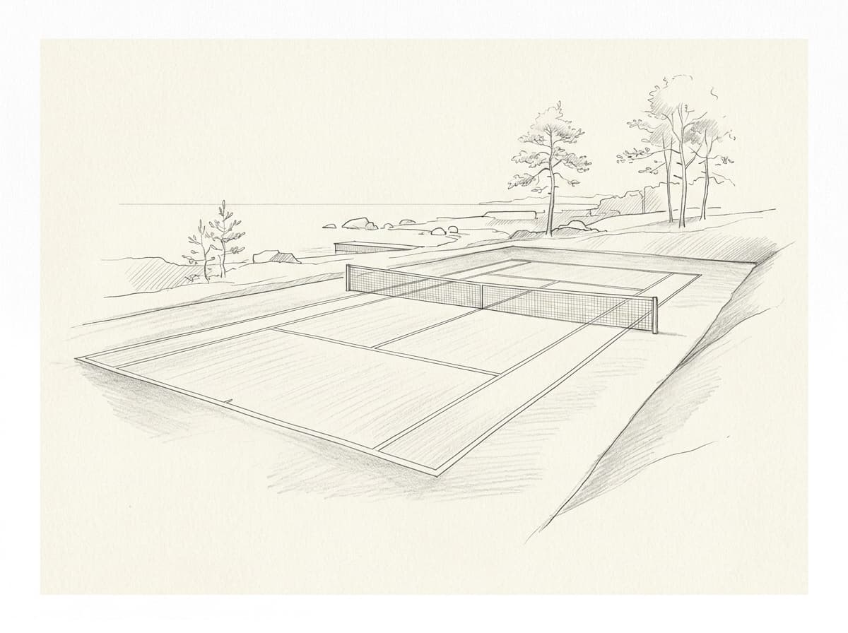 An architectural pencil drawing of the championship grass court at Musta Hevonen.